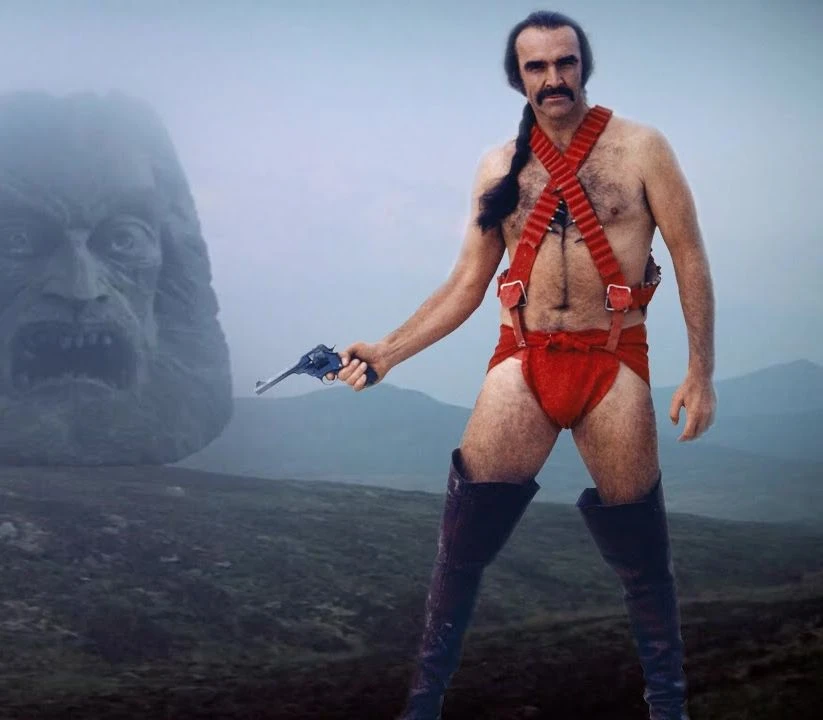 Sean Connery in Zardos. He wears red underpants and red suspenders, which he wears crossed. Combined with an old Revolver and a some overknee leather boots.